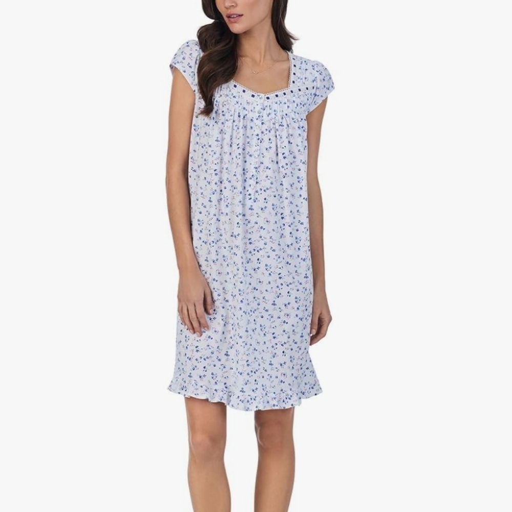 Blue Floral Cap-Sleeve Nightgown - Women